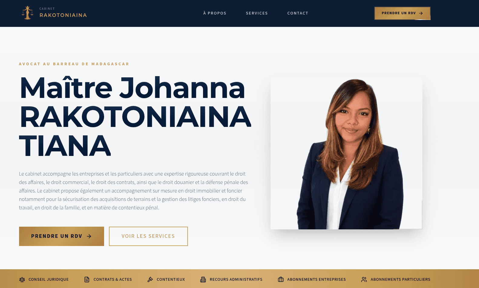 The home page of the Cabinet Rakotoniaina site, with the appointment button beside the practice areas.